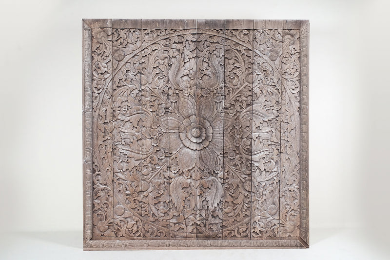 A Carved Teak Wood Lotus Flower Panel 8' x 8'
