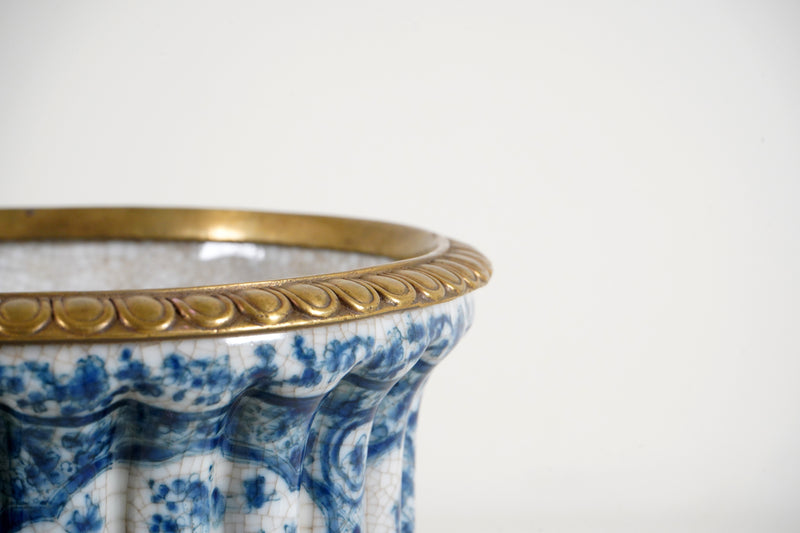 A Blue & White Porcelain Pot with Bronze Trimming and Base