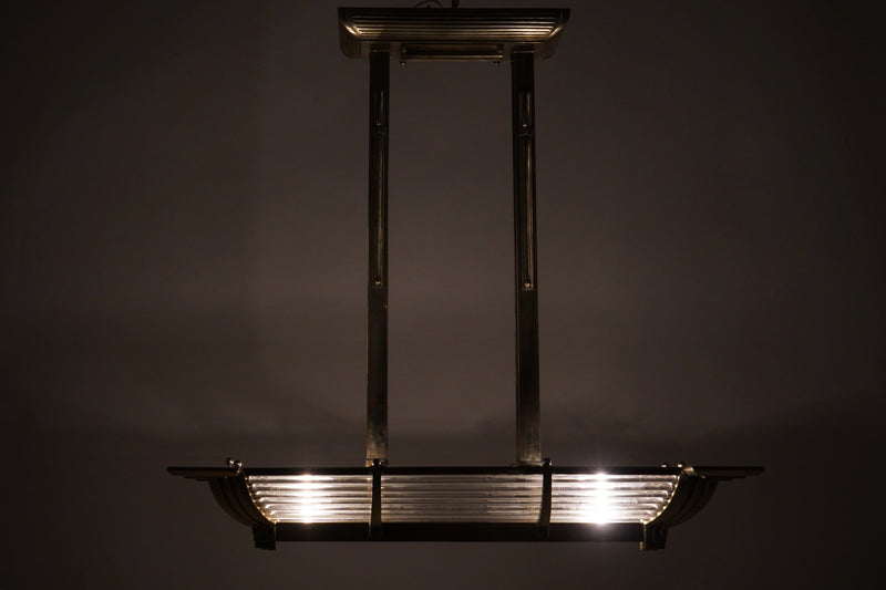 A French Art Deco “Billiard” Style Nickel Chandelier With Curved Sides
