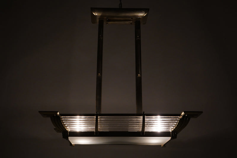 A French Art Deco “Billiard” Style Nickel Chandelier With Curved Sides