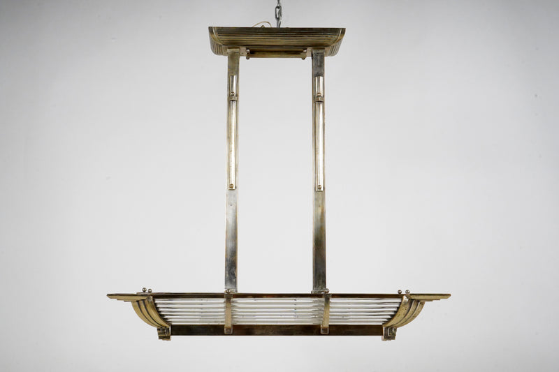 A French Art Deco “Billiard” Style Nickel Chandelier With Curved Sides