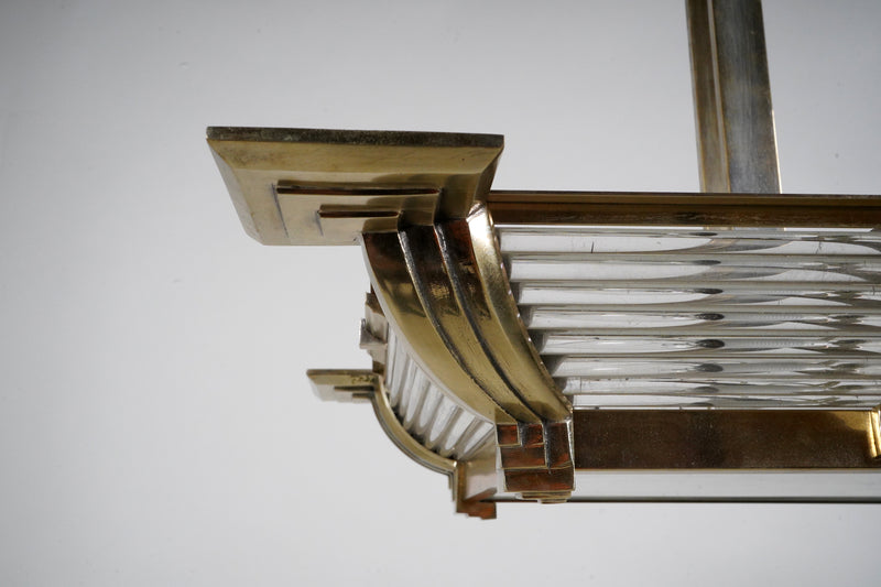 A French Art Deco “Billiard” Style Nickel Chandelier With Curved Sides