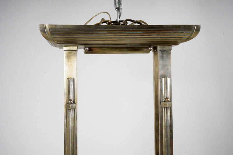 A French Art Deco “Billiard” Style Nickel Chandelier With Curved Sides