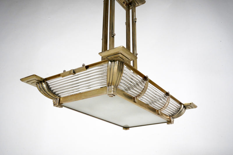 A French Art Deco “Billiard” Style Nickel Chandelier With Curved Sides