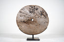A Wooden Wheel Pulley on a Metal Stand