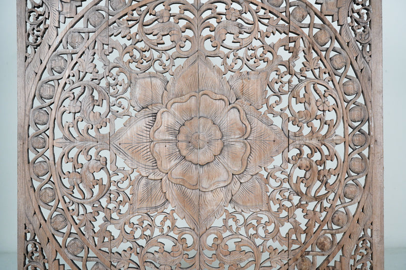 A Carved Teakwood Lotus Flower Panel 4' x 4'