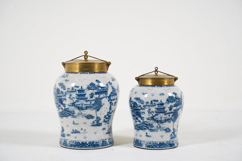 A Blue & White Porcelain Jar with a Bronze Cap