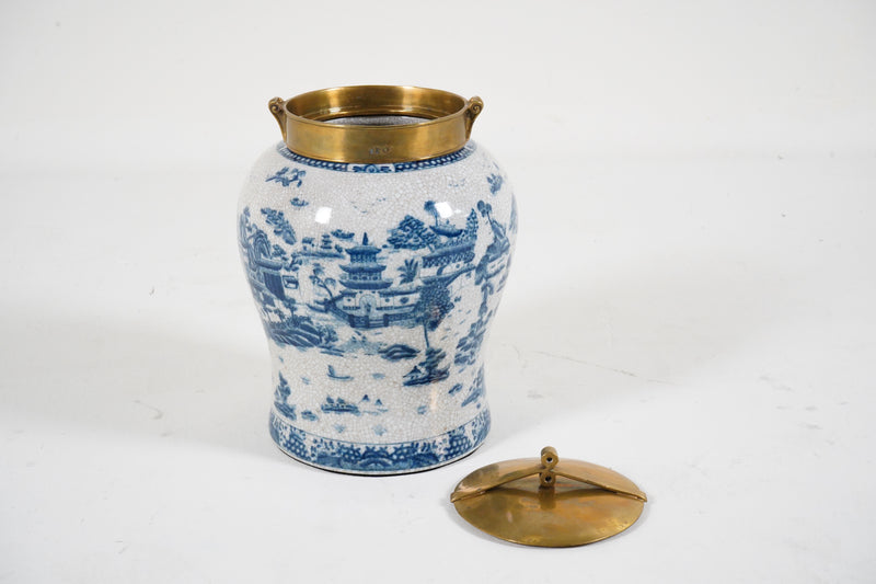 A Blue & White Porcelain Jar with a Bronze Cap