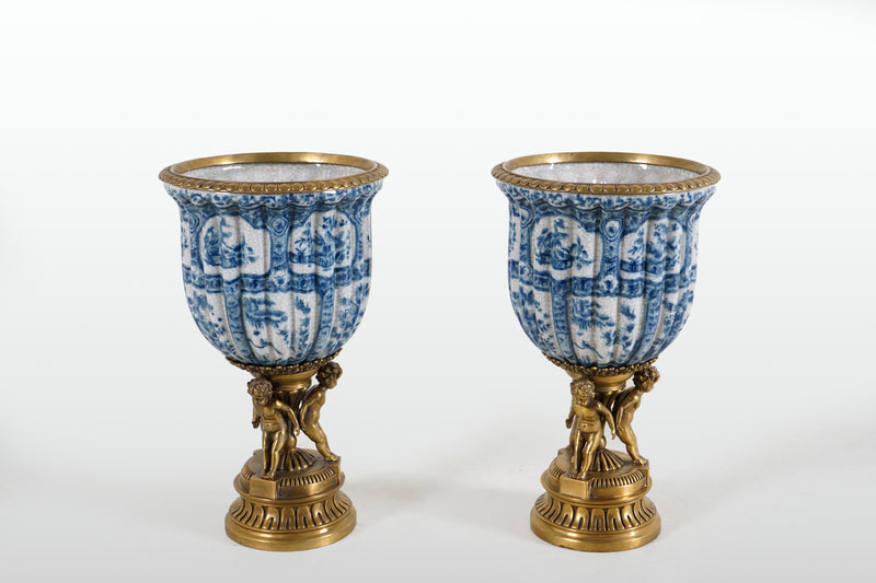 A Blue & White Porcelain Pot with Bronze Trimming and Base
