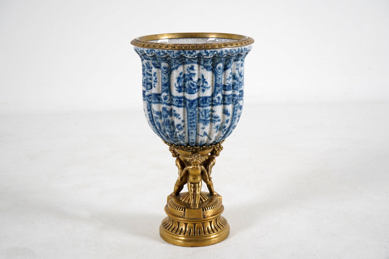 A Blue & White Porcelain Pot with Bronze Trimming and Base