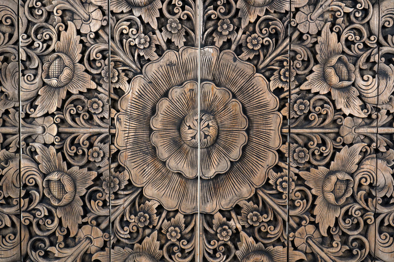 A Carved Teak Wood Lotus Flower Panel 6'x6'