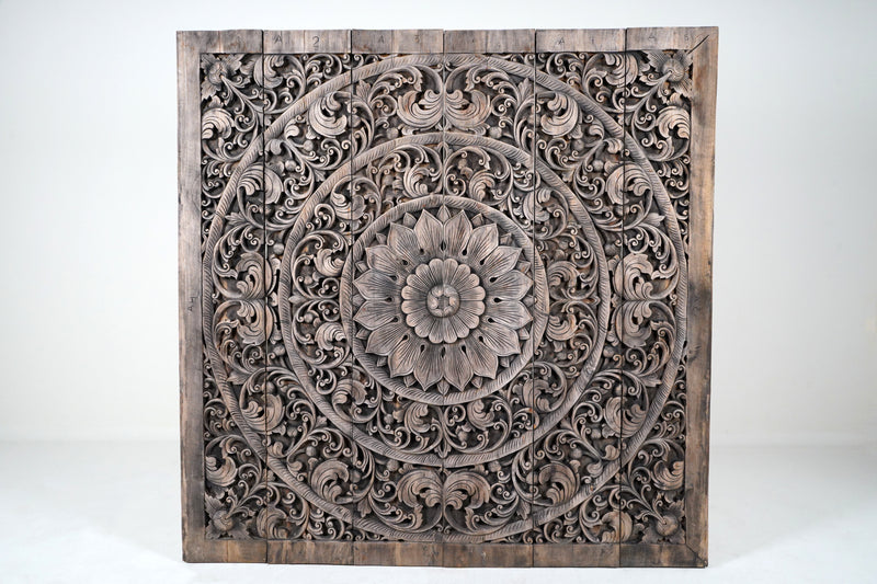 A Carved Teak Wood Lotus Flower Panel 6'x6'