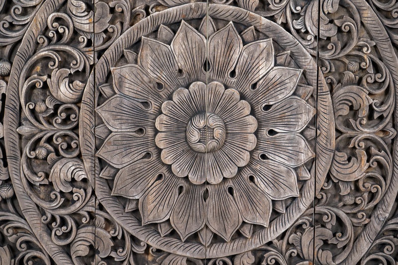 A Carved Teak Wood Lotus Flower Panel 6'x6'