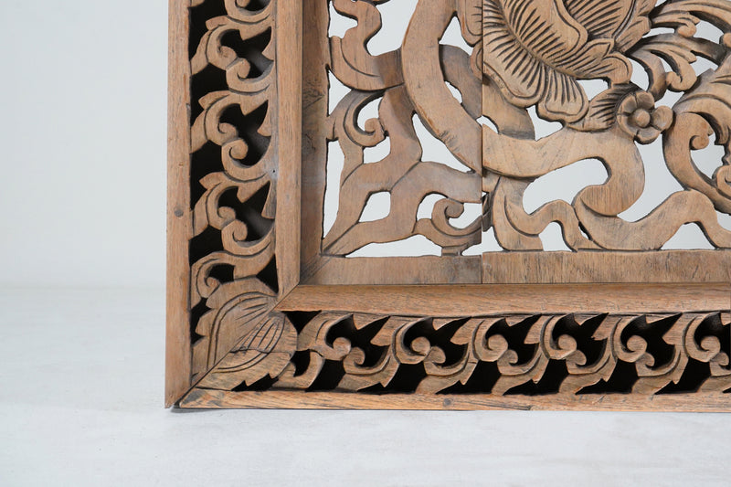 A Carved Teak Wood Lotus Flower Panel 8'x8'