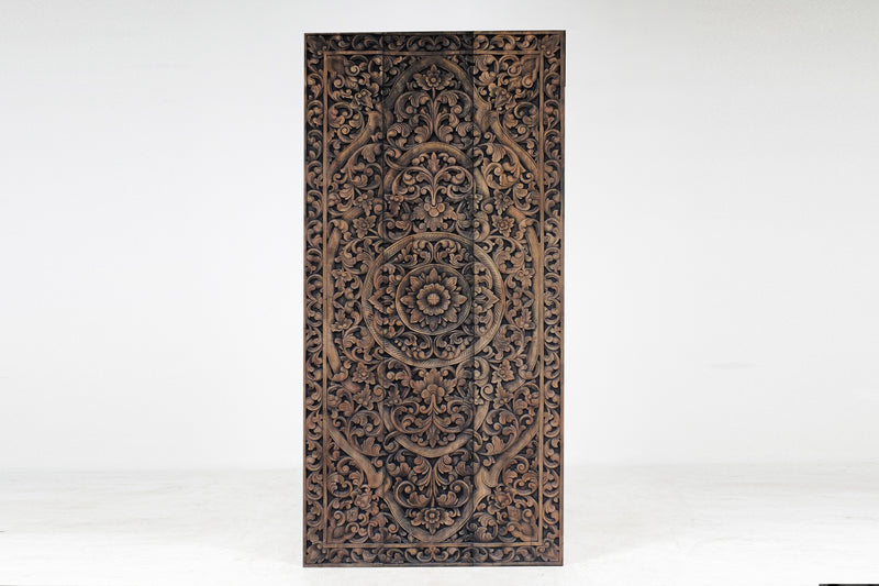 A Rectangular Teak Wood Carved Lotus Flower Panel