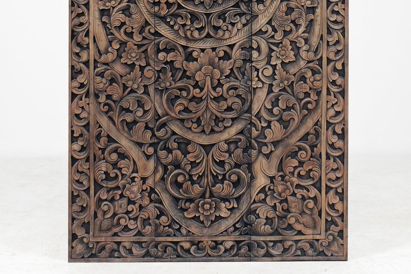 A Rectangular Teak Wood Carved Lotus Flower Panel