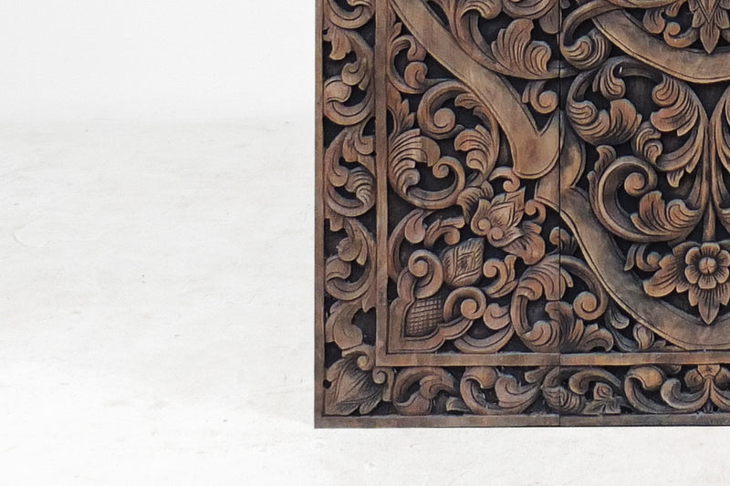 A Rectangular Teak Wood Carved Lotus Flower Panel
