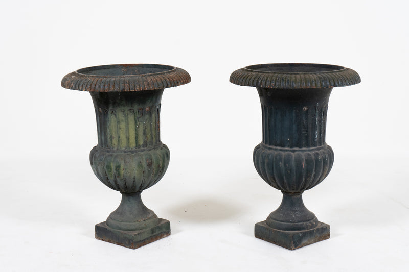 A Pair of Antique French Neoclassical Iron Garden Urns in Black