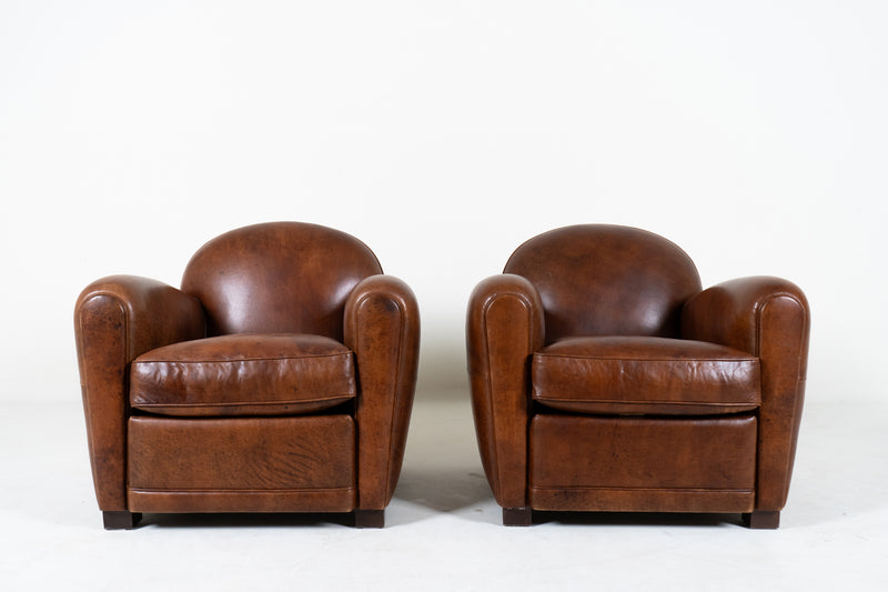 A Pair of Demi Lune French Club Chairs in Patinated Leather, New