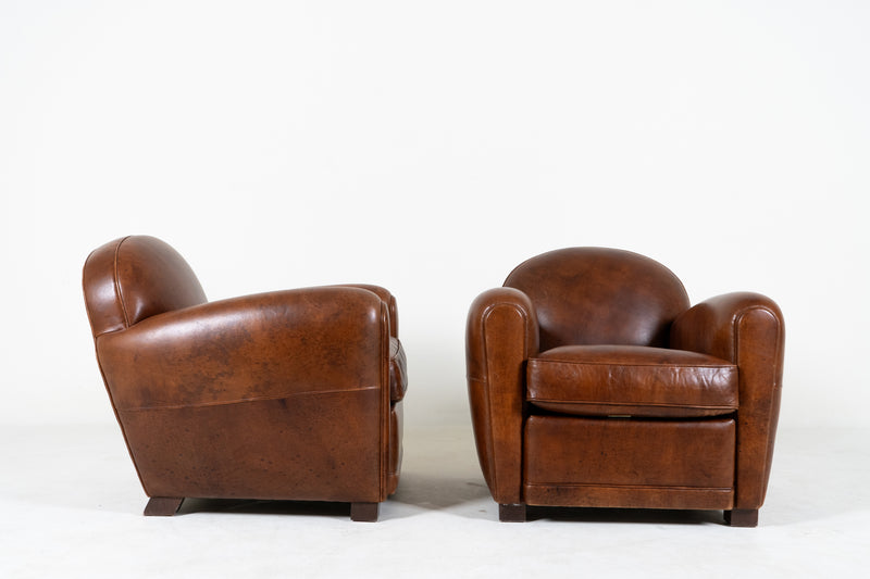 A Pair of Demi Lune French Club Chairs in Patinated Leather, New
