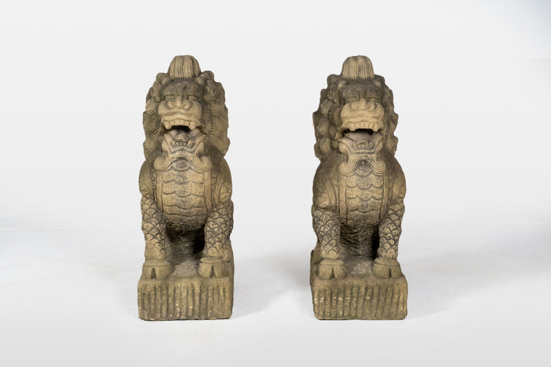 A Pair of Carved Sandstone Kirins