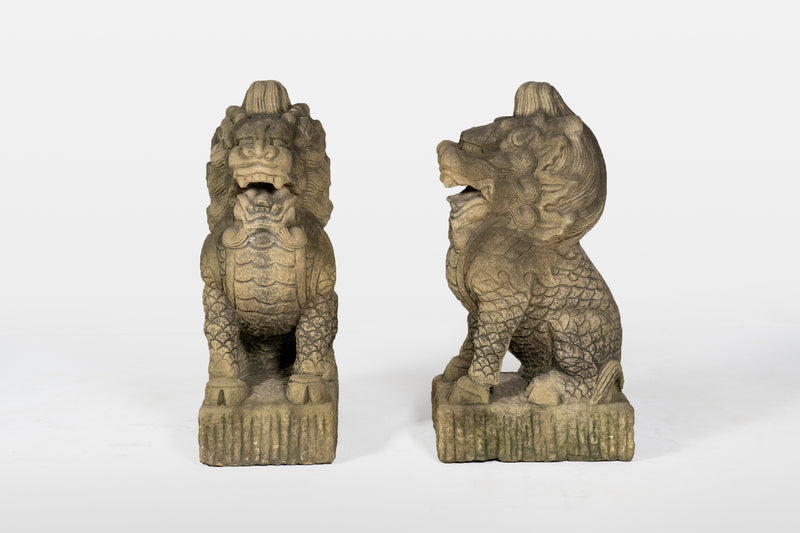 A Pair of Carved Sandstone Kirins