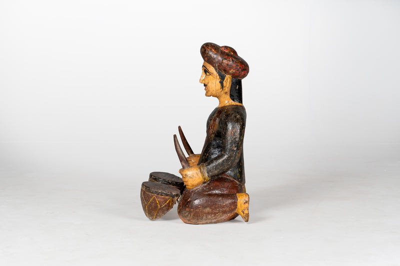 Large Wooden Figure of Musician Playing Drums