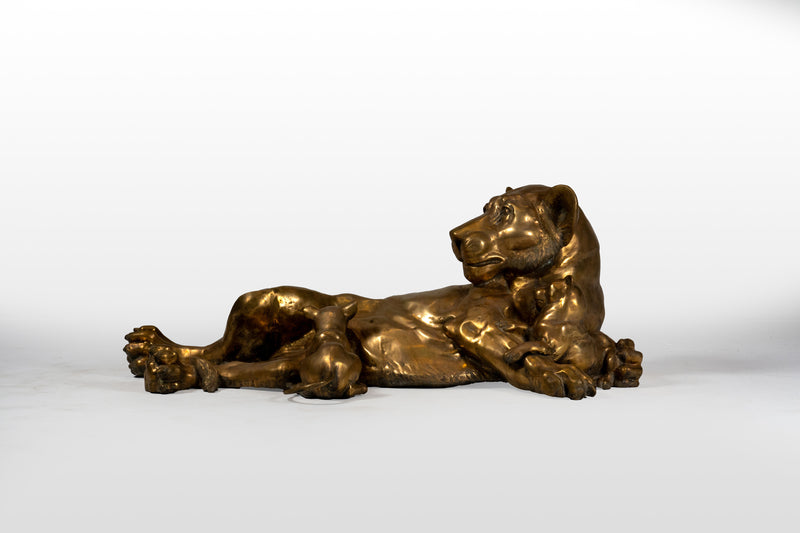 Brass Sculpture of Lioness with Lion Cubs