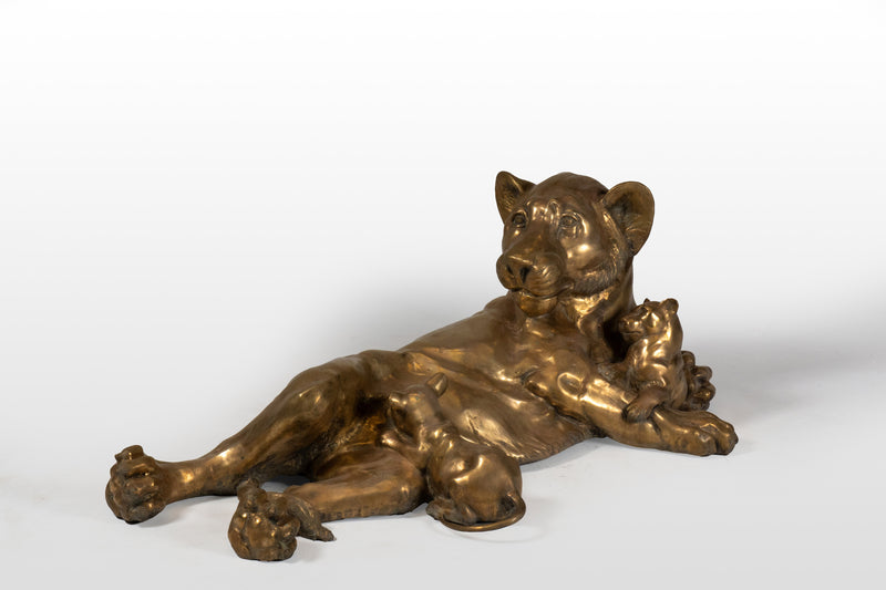 Brass Sculpture of Lioness with Lion Cubs