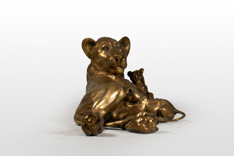 Brass Sculpture of Lioness with Lion Cubs