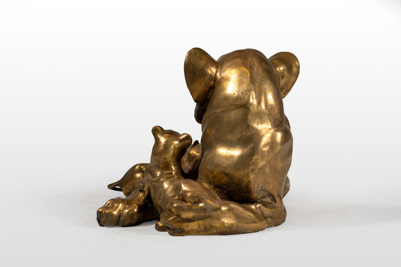 Brass Sculpture of Lioness with Lion Cubs