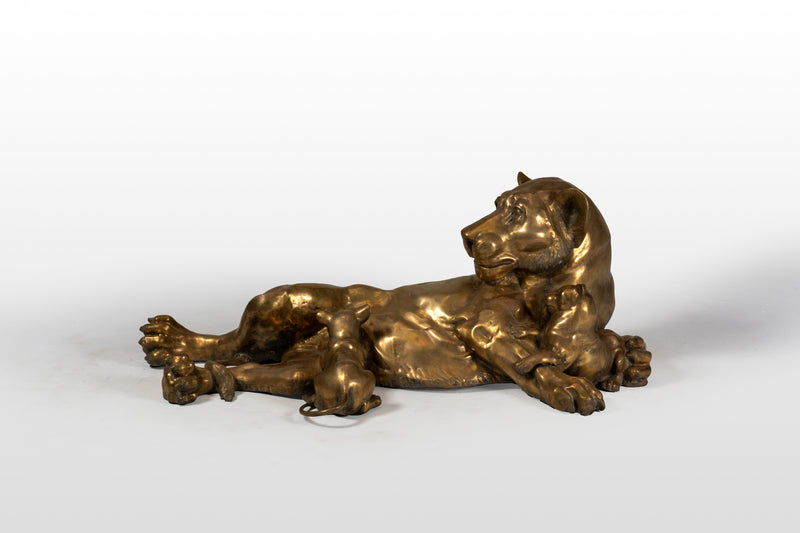 Brass Sculpture of Lioness with Lion Cubs