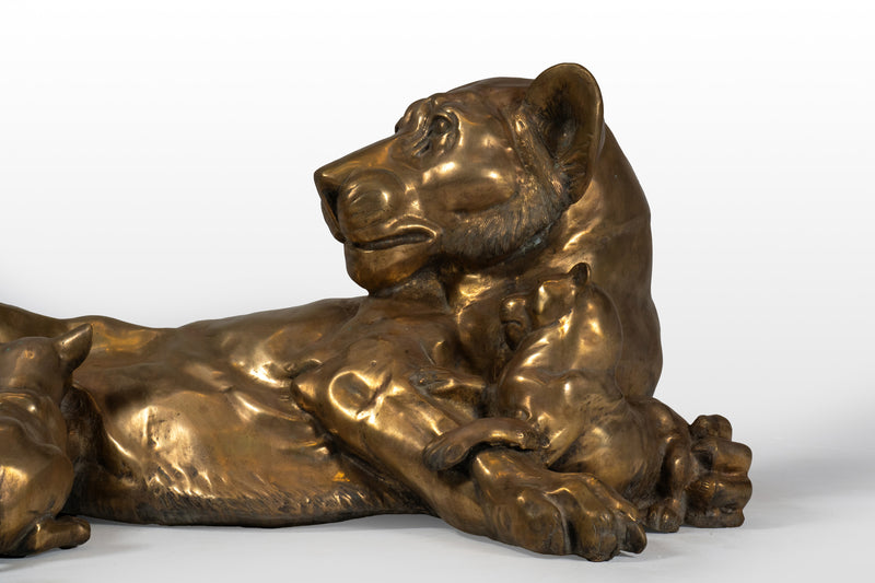 Brass Sculpture of Lioness with Lion Cubs