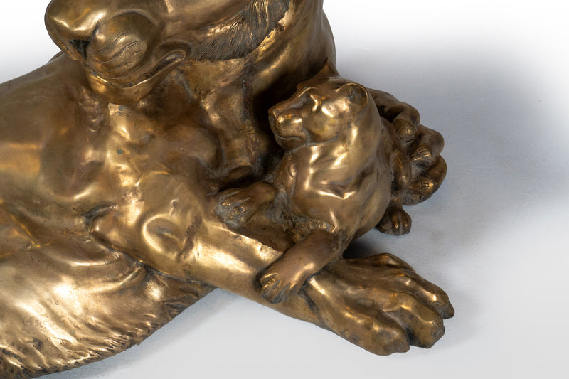 Brass Sculpture of Lioness with Lion Cubs