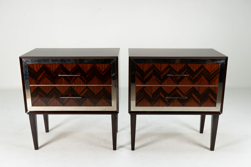 A Pair Mid-Century Side Chests with Macassar Veneer and Brass Edge Trim