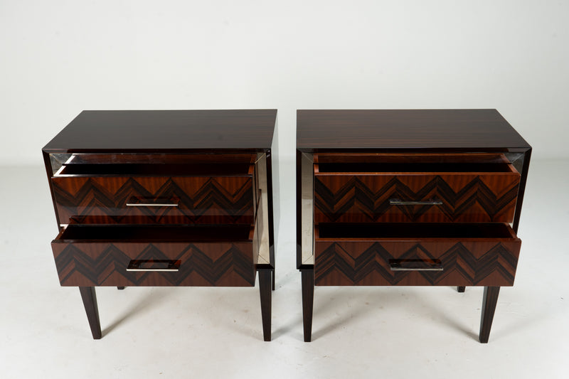 A Pair Mid-Century Side Chests with Macassar Veneer and Brass Edge Trim