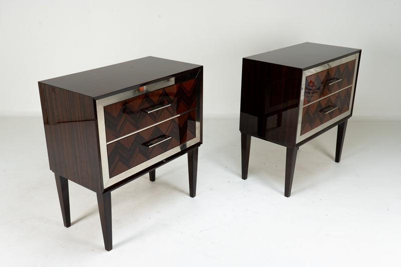 A Pair Mid-Century Side Chests with Macassar Veneer and Brass Edge Trim