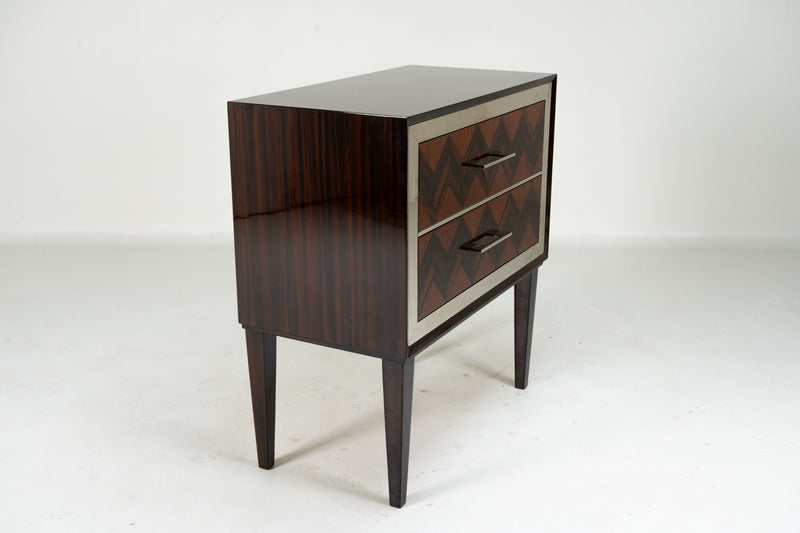 A Pair Mid-Century Side Chests with Macassar Veneer and Brass Edge Trim