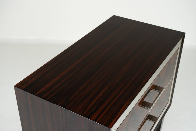 A Pair Mid-Century Side Chests with Macassar Veneer and Brass Edge Trim