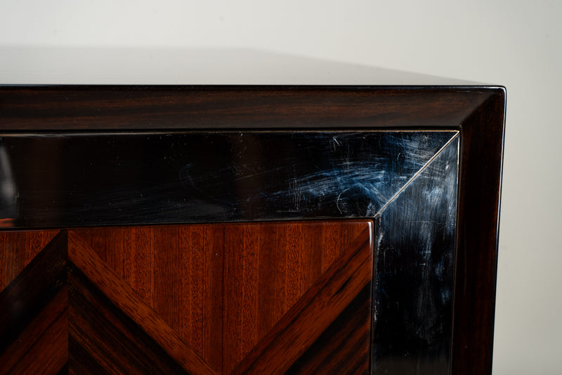 A Pair Mid-Century Side Chests with Macassar Veneer and Brass Edge Trim