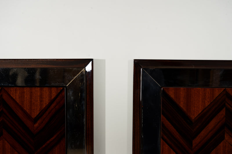 A Pair Mid-Century Side Chests with Macassar Veneer and Brass Edge Trim