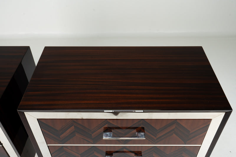 A Pair Mid-Century Side Chests with Macassar Veneer and Brass Edge Trim