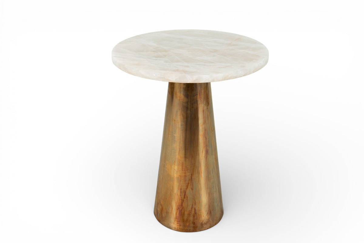 An Onyx Marble Top Side Table with a Round Brass Base