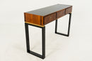 A Console Table with Walnut Veneer Drawer Fronts and Glass Top