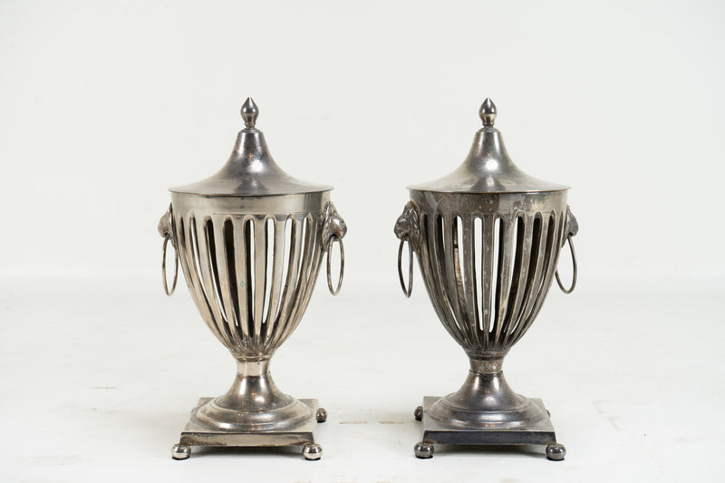 A Pair of Urns with Lion Head Handles in the Style of Barker-Ellis