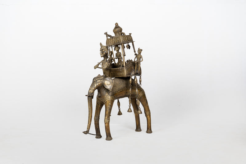 An Indian Brass Sculpture of an Elephant and a Warrior