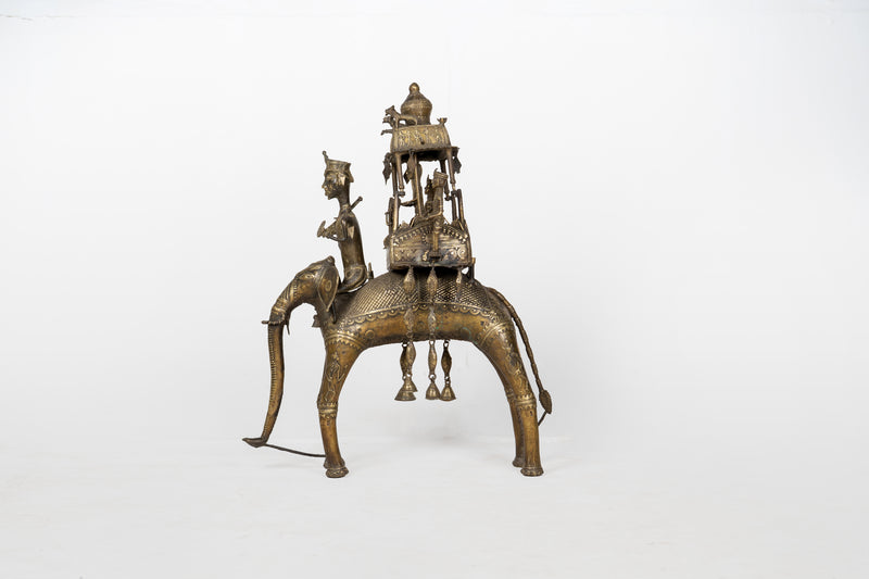 An Indian Brass Sculpture of an Elephant and a Warrior