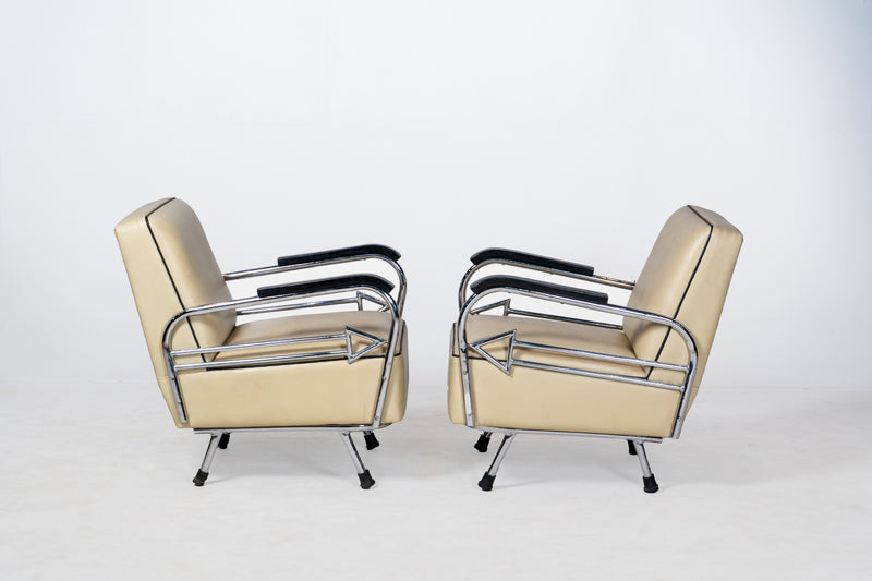 A Pair of Indian Art Deco Chairs with Chrome Frames
