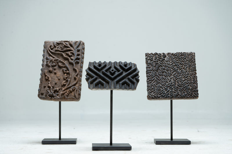 A Set of 3 Indian Textile Print Blocks on Metal Stands