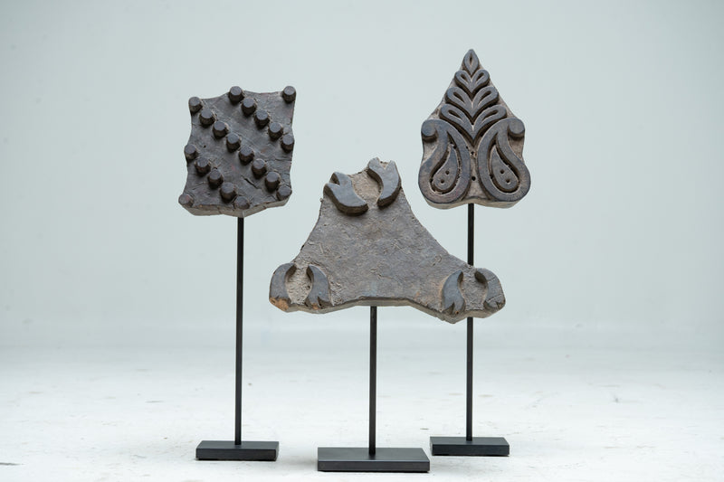 A Set of 3 Indian Textile Print Blocks on Metal Stands